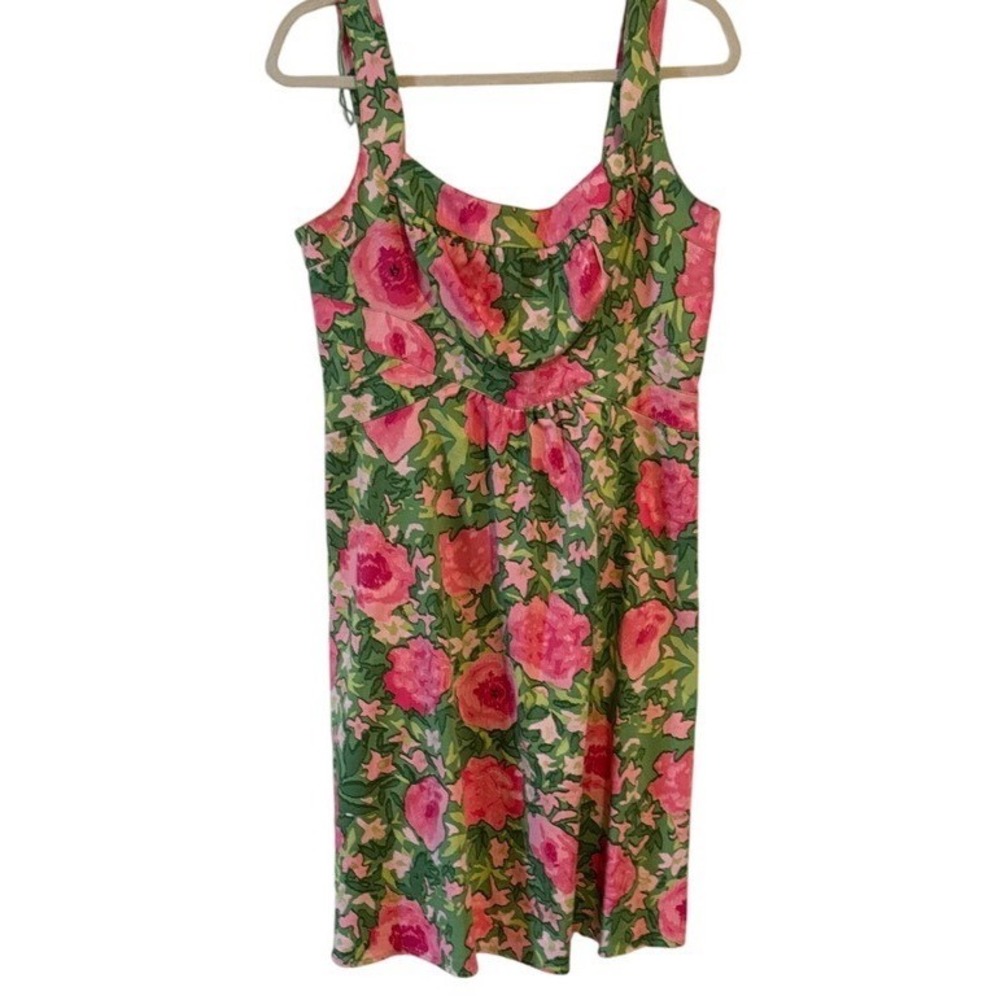 Vtg London Times Womens 12 Floral Sheath Dress Pink Green Square Neck Sleeveless